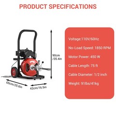 75 FT x 1/2 Inch Drain Cleaner Machine 450W Portable Sewer Snake Auger Auto Feed