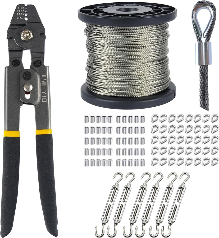 1/16&Prime; Wire Rope Crimping Tool Kit, M6 Turnbuckle Set, 328ft Stainless Steel Wire