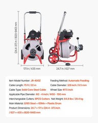 VEVOR Drain Cleaner Machine 75FT x 3/8 Inch Auto Feed with Wheels & 8 Cutters