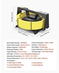 VEVOR Sewer Camera with WiFi 98.4ft/30m IP68 Drain Pipeline Camera 12 LED Lights