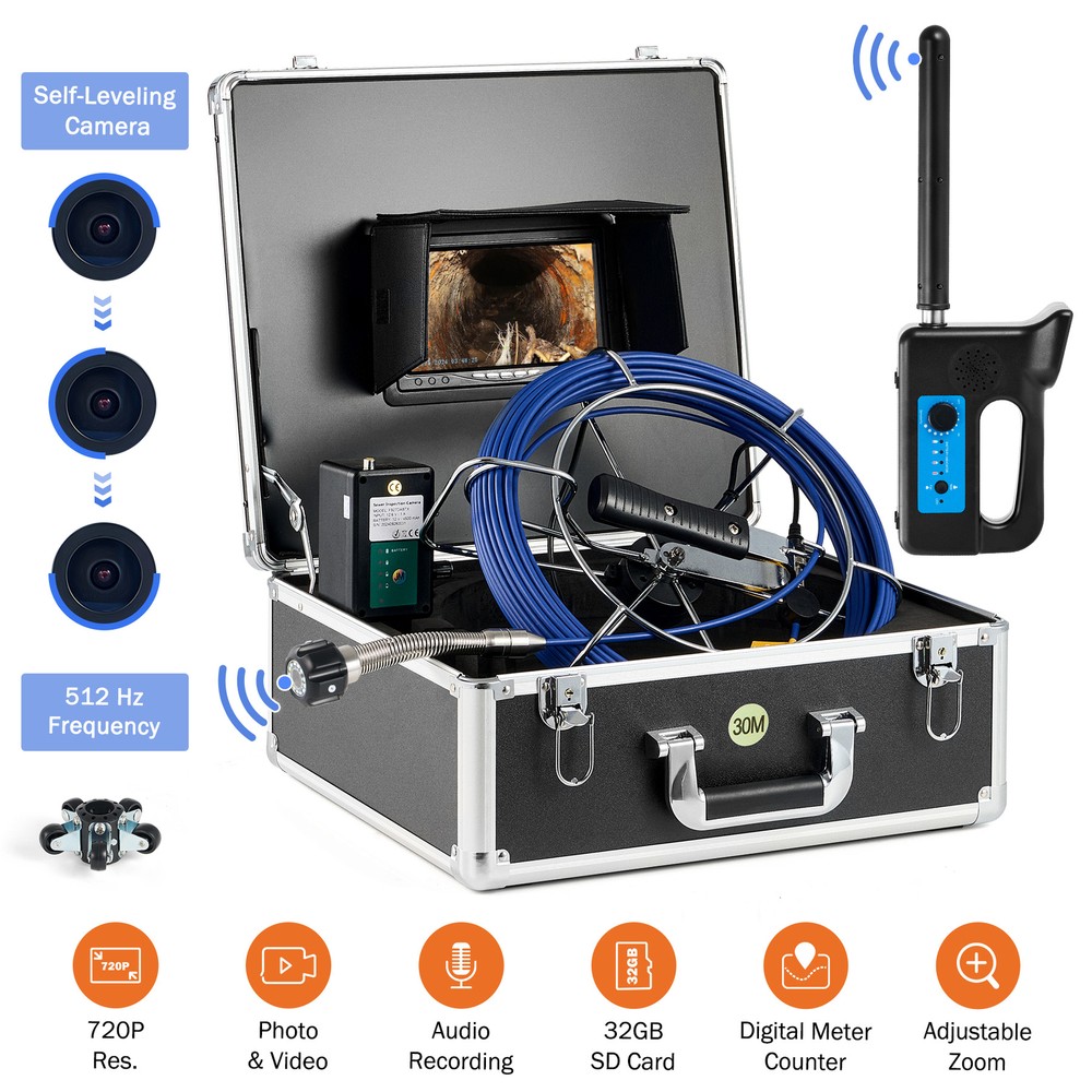 7&Prime; Self-Leveling Sewer Camera 100ft Pipe Inspection Camera w 512Hz Locator 32GB