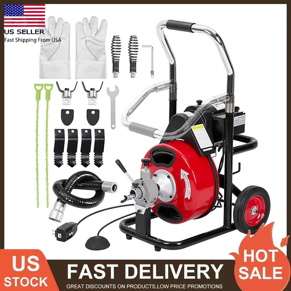 75Ft x 1/2 Inch Drain Cleaner Machine Auto-Feed Sewer Cleaning Tool Snake Auger