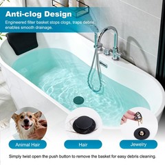 Hibbent 3 in 1 Metal Bathtub Drain Stopper, Universal Pop Up Tub Matte Black