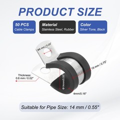 50 Pcs 14mm (5/9&Prime;) Stainless Steel Cable Clamps Rubber Cushioned Pipe Clamps