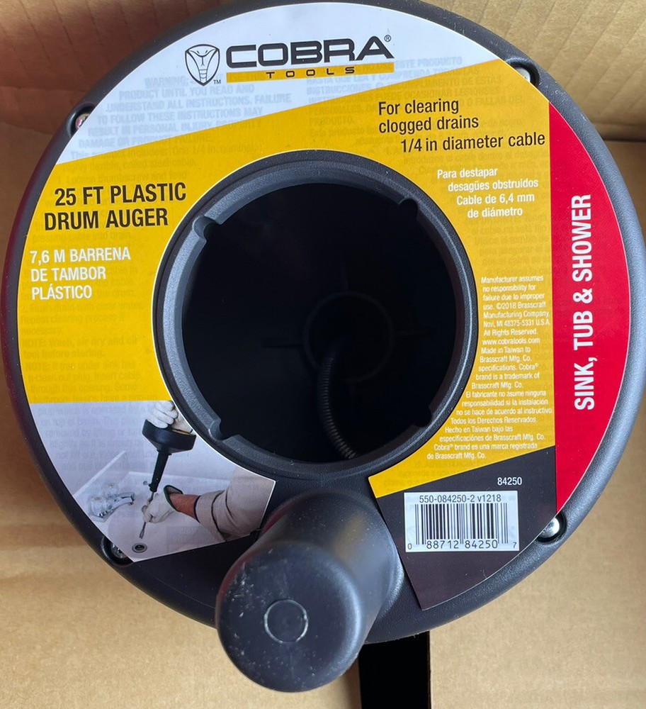 Cobra 85625 1/4-Inch by 25-Feet Pistol Grip Power Drum Auger drill or hand power