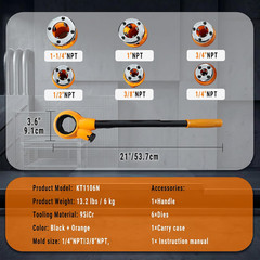 Ratchet Pipe Threader Kit W/ 6 NPT Dies (1/4&Prime;, 3/8&Prime;, 1/2&Prime;, 3/4&Prime;, 1&Prime;, 1-1/4&Prime;), He