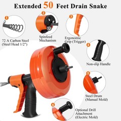 50 FT Drain Snake with Auto-Feed & Drill Attachment &ndash; Heavy Duty Plumbing Aug&hellip;