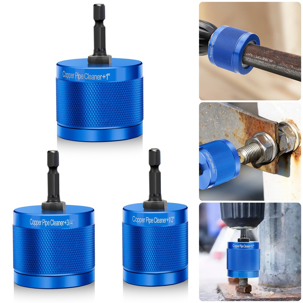 3x Copper Pipe Cleaner Drill Set 1/2&Prime; 3/4&Prime; 1&Prime; Metal Plumbing Tube Brush Kit Tool