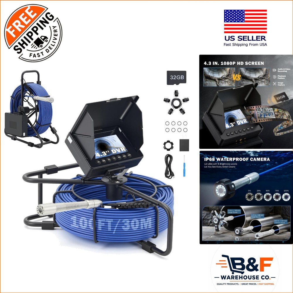 Rechargeable 4.3&Prime; Plumbing Camera with 100ft Cable, 32GB Card & Autofocus