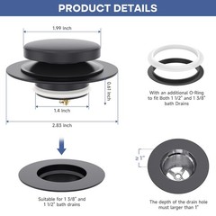 Matte Black Universal Tip Toe Tub Stopper Replacement, Pop Up