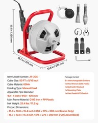 VEVOR Drain Cleaner Machine 50 FT x 5/16 Inch, Sewer Snake Auger with Red