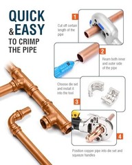 Copper PEX Press Crimping Tool Kit 1/2 3/4 1-In 360-Deg W/ Sleeves Pipe Cutter