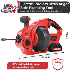 20V Cordless Electric Drain Auger, 25FT Auto-Feed Snake, LED Light