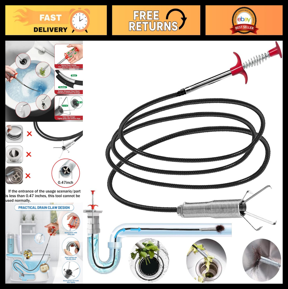116&Prime; Drain Snake & 4-Claw Flexible Grabber Tool for Sink, Shower, Bathtub Drain