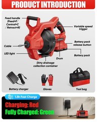 20V Cordless Electric Drain Snake, 25Ft Replaceable Cable with 2.0Ah Battery & F
