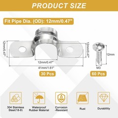 30Pcs 12mm(1/2&Prime;) 304 Stainless Steel Rigid Pipe Strap with Screws, Silver