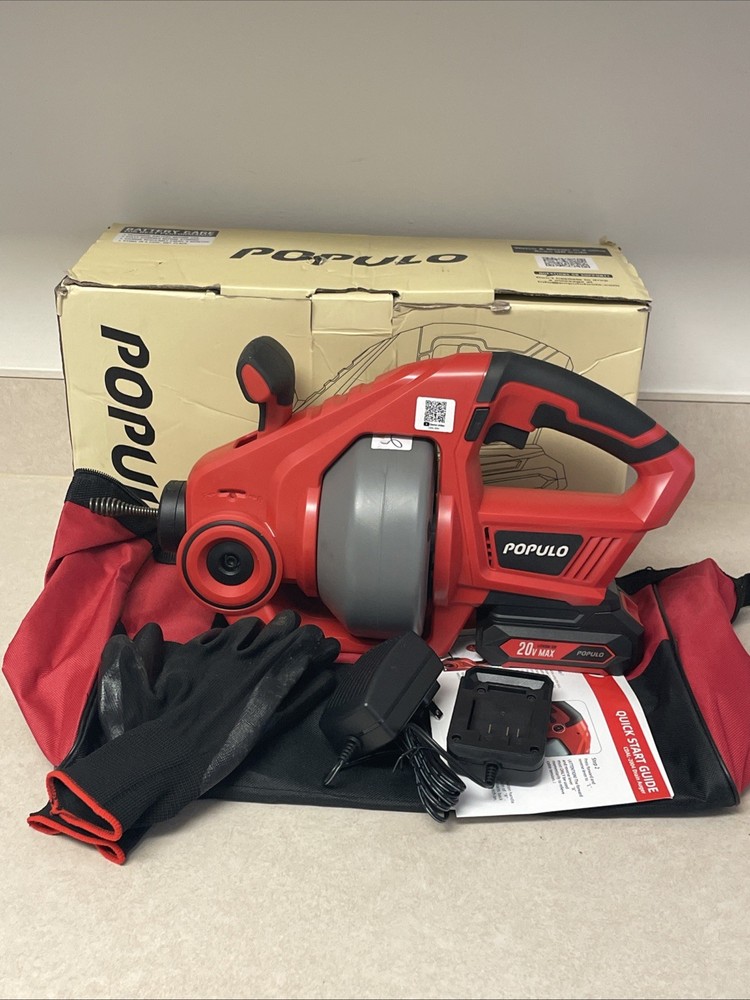 POPULO 20V Cordless Electric Drain Auger Efficient 25Ft Auto-Feed Red