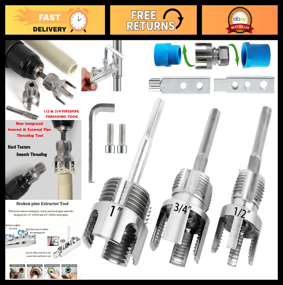 4-Piece PVC Pipe Threader Kit, 1/2&Prime; 3/4&Prime; 1&Prime; NPT, Bolt Extractor, Drill Compatibl
