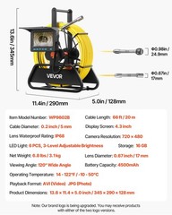 VEVOR Sewer Camera 66ft 4.3-inch Drain Inspection Camera IP68 Waterproof 6 LEDS