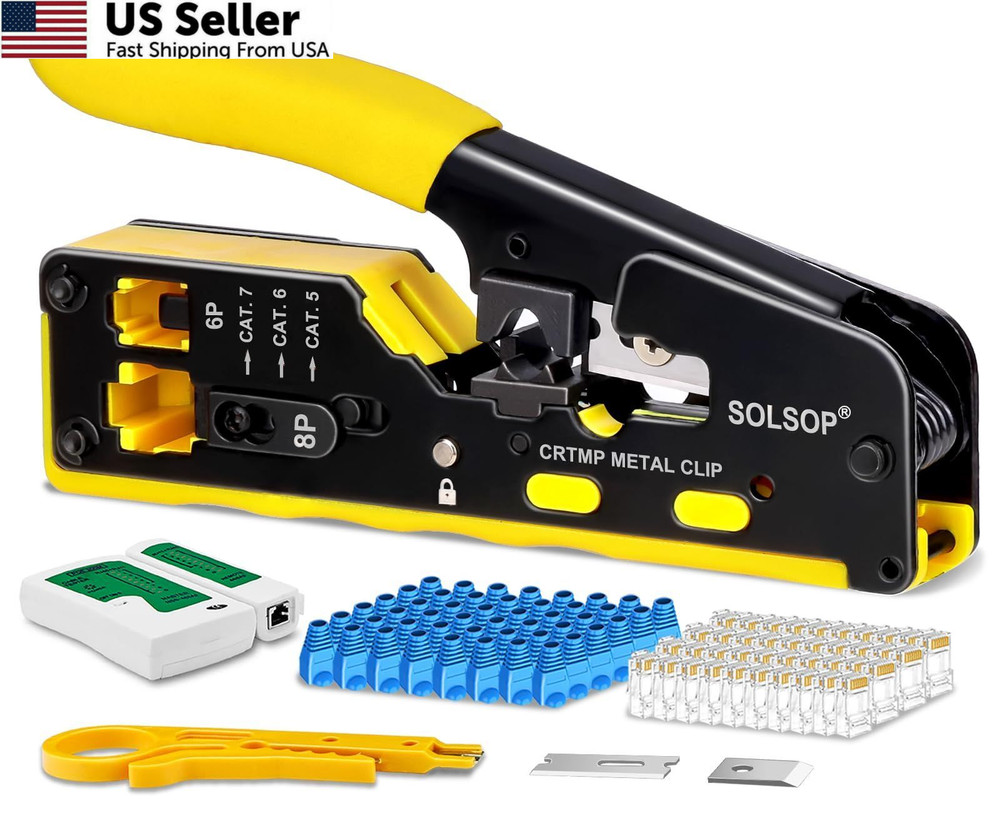 Solsop Pass Through RJ45 Crimp Tool Kit 4 inches x 11 inches, Yellow