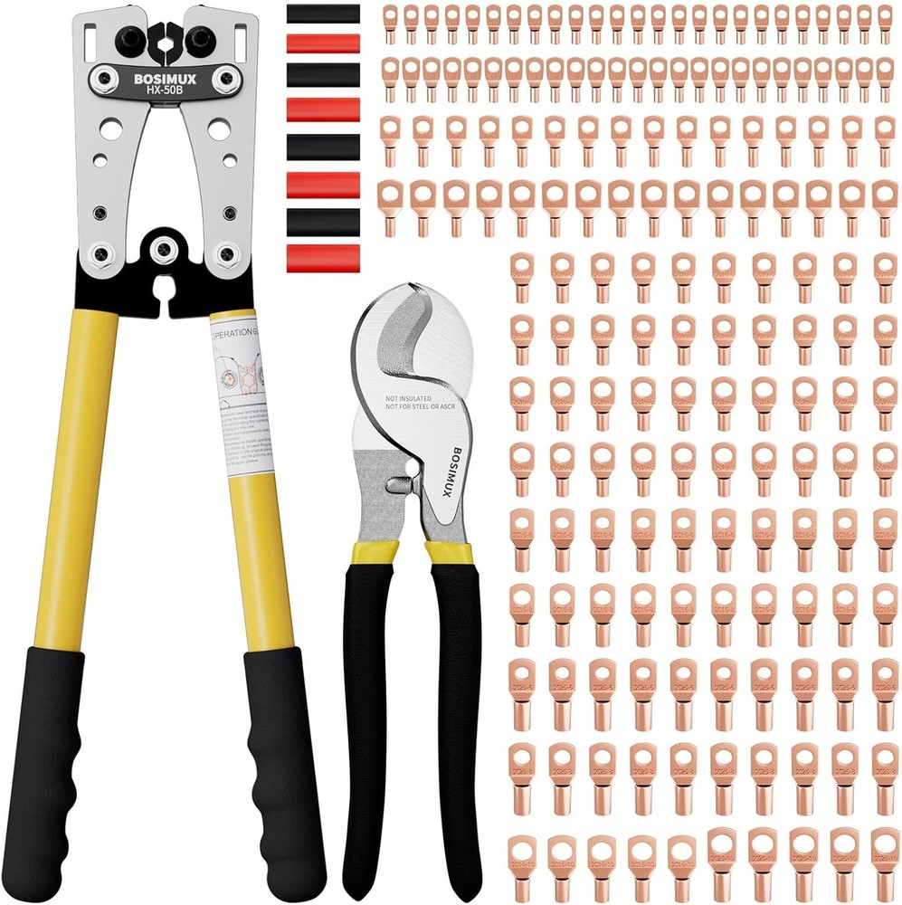 Battery Cable Lug Crimping Tool Kit with Cable Cutter ＆180pcs Copper Wire Lugs,