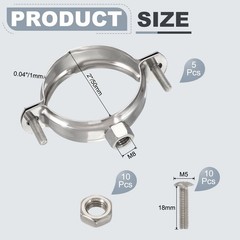 5pcs 201 Stainless Steel 2&Prime;/50mm Pipe Strap Clamp, Silver