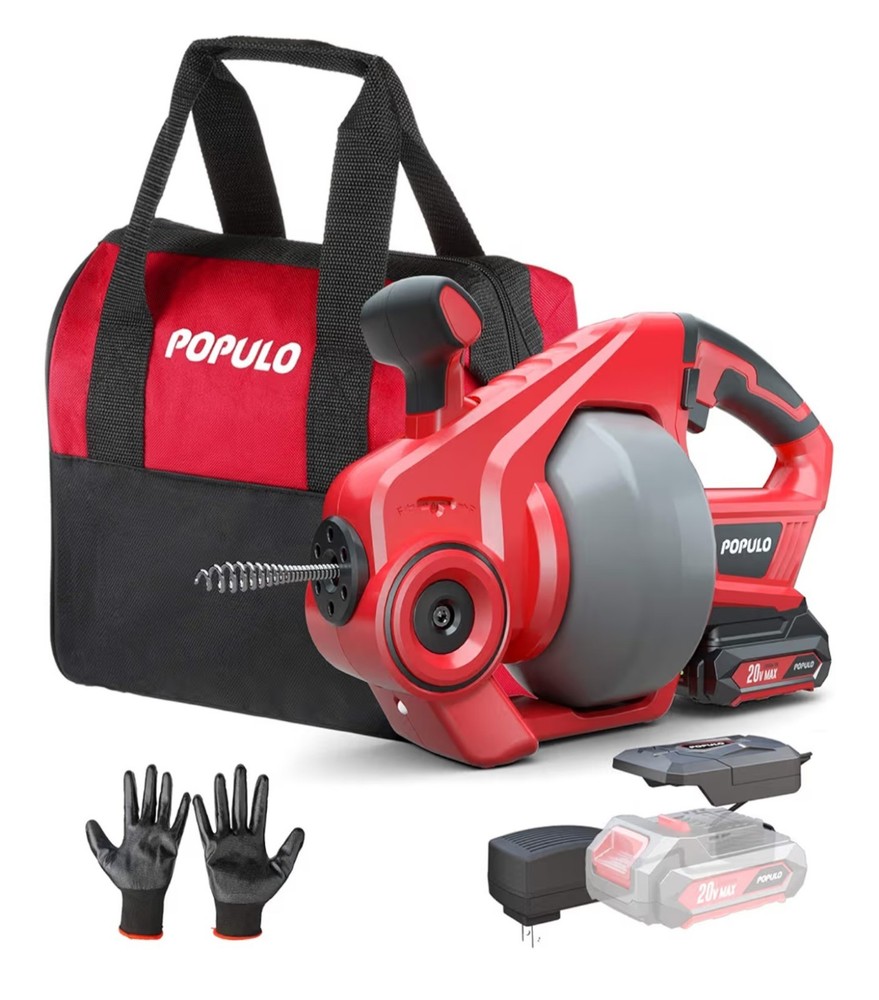 POPULO CDAL-2004 20V Cordless Drain Auger Kit, 25 ft 1/4&Prime; Shaft-Cable