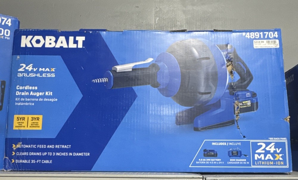 New Kobalt 24v Cordless Drain Auger Kit with 85 Watt Battery & Charger 4891704