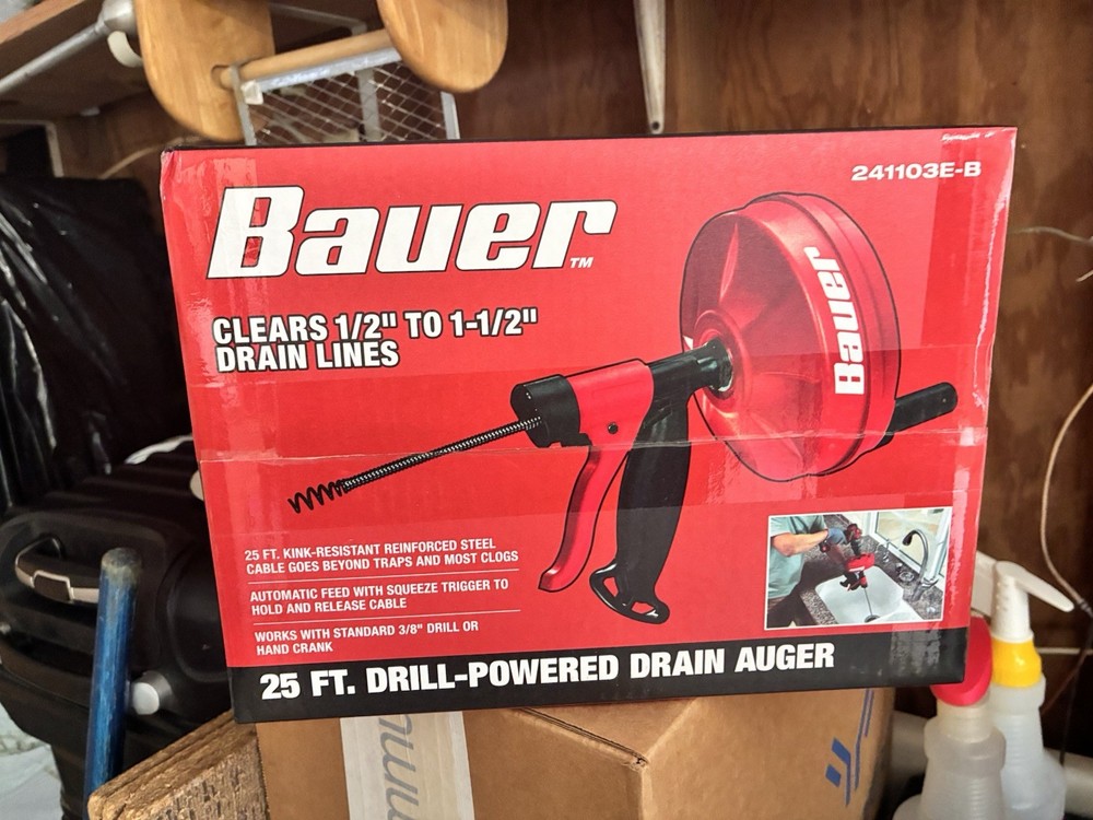 Bauer 25 ft Reinforced Steel Drill-Powered Drain Auger Model 241103E-B