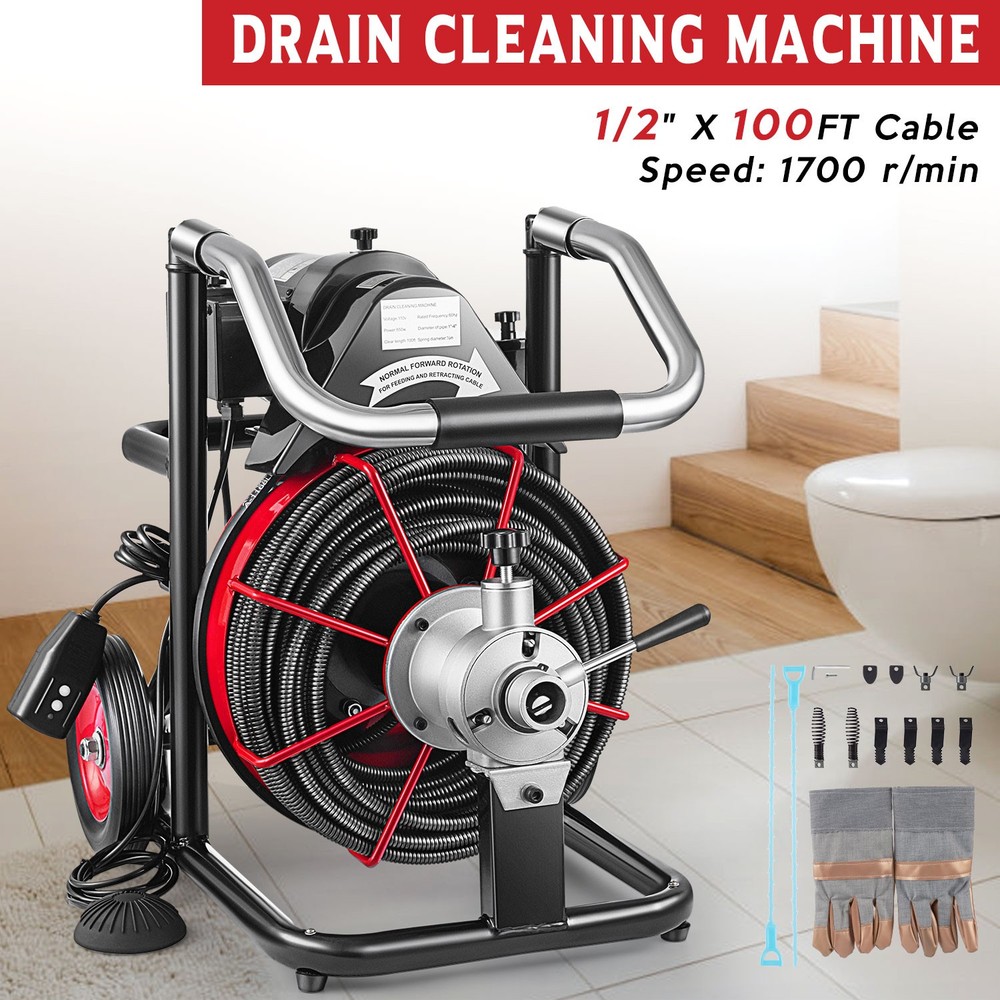 Auto Feed Drain Auger Cleaner Electric 100&prime; x 1/2&Prime; Sewer Snake Cleaning Machine