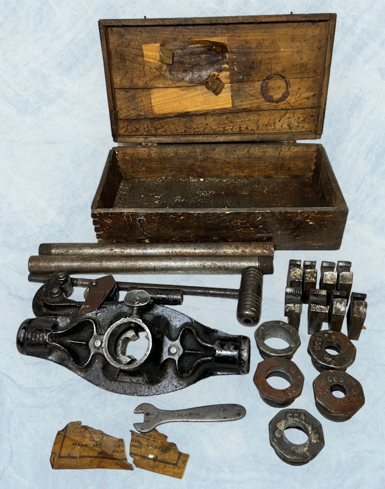 Antique MARK MFG CO. 36&rdquo; Pipe Threader + Original Box Wrench & Pipe Cutter No. 1