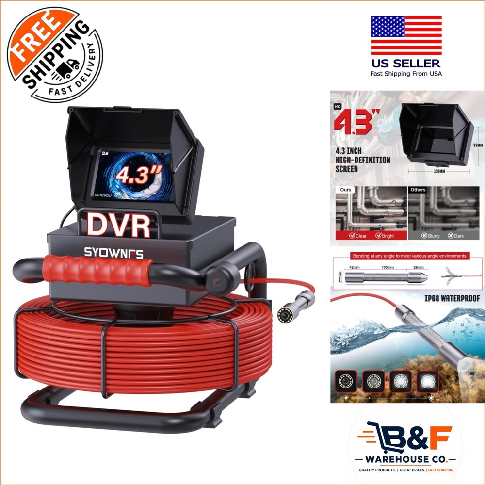 High-Definition 4.3&rdquo; Drain Inspection Camera with 145-Degree View&mdash;30m Length