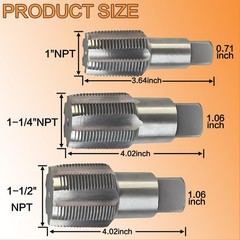 3-Piece NPT Pipe Tap Set, 3 Piece 1&Prime;, 1-1/4&Prime;, 1-1/2&Prime; Tap, Silver