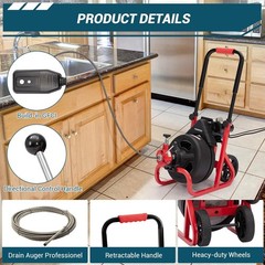 100Ft x 3/8 In Drain Cleaner Machine Electric Drain Auger Auto Feed with Cutters