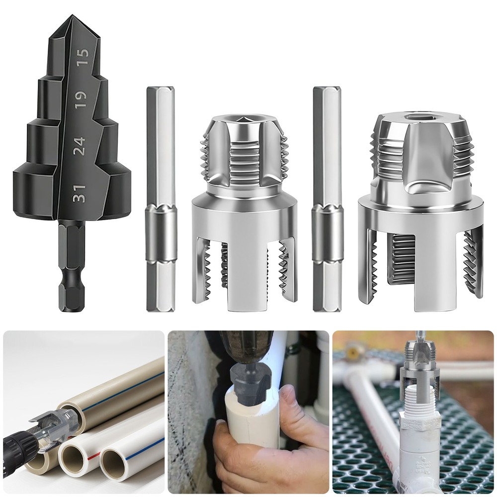 3x PVC Pipe Internal External Thread Cutter Tool Kit 1/2&Prime; 3/4&Prime; + Step Drill Bit