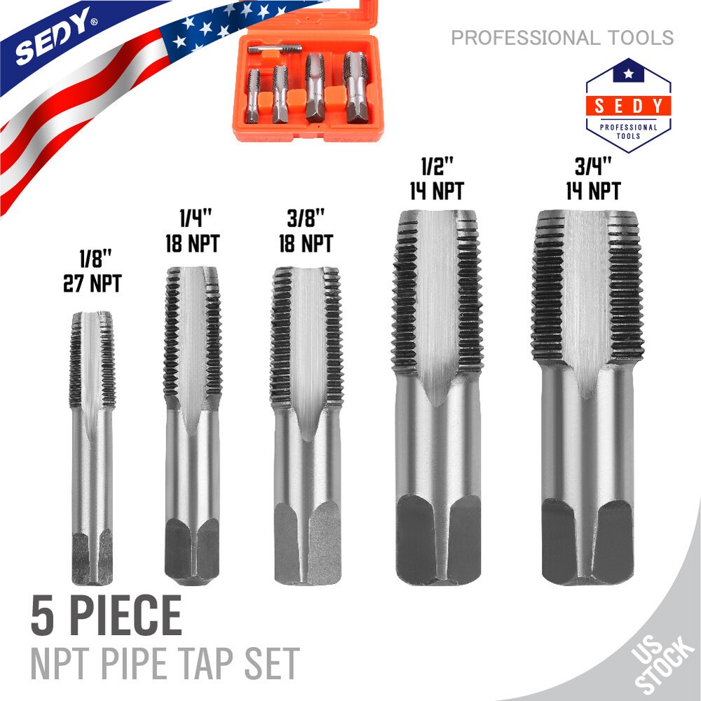 5 Pieces NPT Taper Pipe Tap Set 1/8&Prime; 1/4&Prime; 3/8&Prime; 1/2&Prime; and 3/4&Prime; With Case SAE Inch