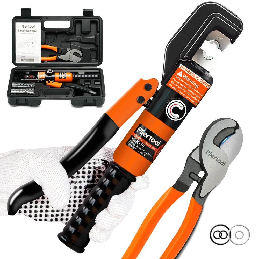 Pliertool 10 Ton Hydraulic Battery Cable Crimper Kit AWG 12-2/0 w/ Cutter