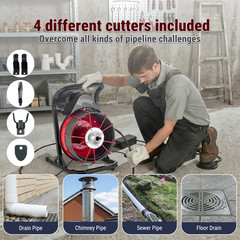 75FT x 3/8 In Drain Cleaner Machine, 2&Prime;-4&Prime; Pipesnual Feed Electric Drain Auger