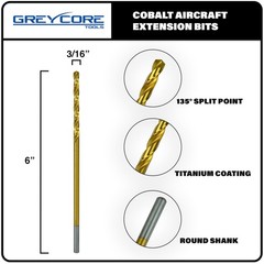 Greycore Tools 3/16 Inch x 6 Cobalt Aircraft Extension 3/16&Prime; x 6&Prime;, grey