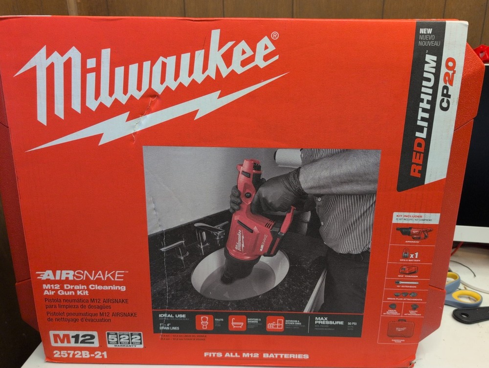 Milwaukee 2572B-21 M12 12V Airsnake Drain Cleaning Air Gun Kit w/ Attachments