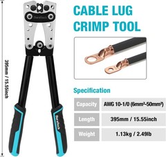 DURATECH Battery Crimper Tool with Wire Cutter for AWG 10 8 6 4 Cable Lugs