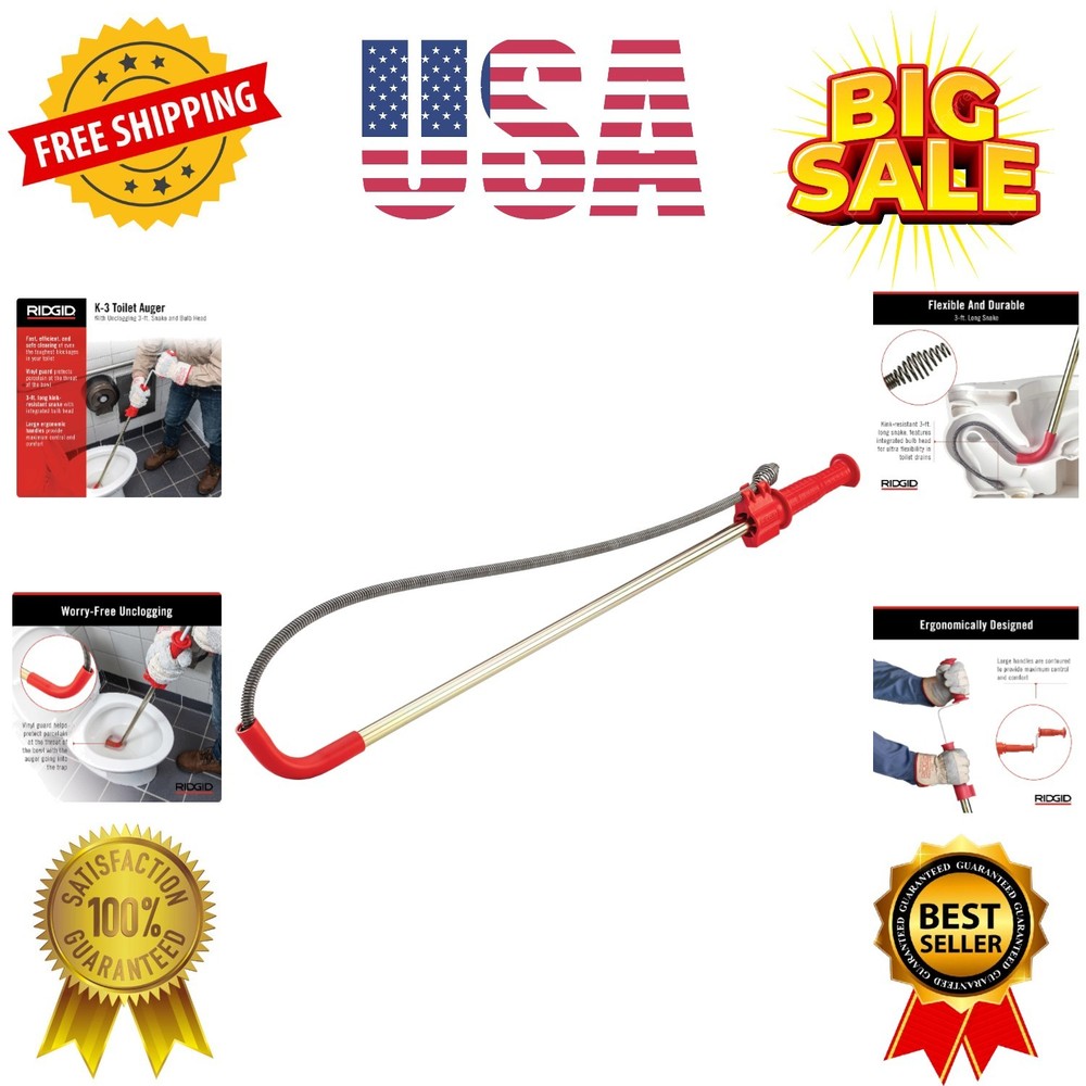 Model K-3 Toilet Auger with Unclogging 3-Foot Snake and Bulb Head
