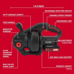 Hyper Tough 20V Brushless Cordless Drain Auger with 2.0Ah Battery