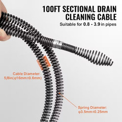 Drain Cleaning Cable 100 Ft. X 5/8 In. Professional Sectional Drain Cleaner Cabl