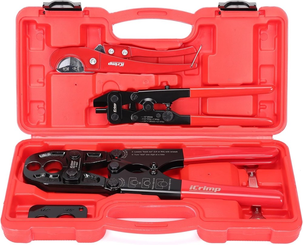 PEX Pipe Crimping Tool Kit 1/2&Prime; & 3/4&Prime; Copper Ring w/ Cutter Remover