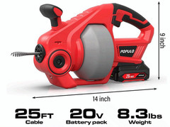 20V Cordless Drain Auger, 25ft Auto-Feed Snake for 3/4&Prime;-2&Prime; Pipes