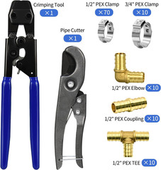 PEX Cinch Clamp Tool Kit with 30 Brass Fittings, Pipe Cutter & Clamps