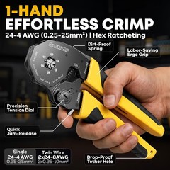 Hex Ferrule Crimping Tool Kit, AWG 24-4 (0.25-25mm&sup2;) Self-Adjusting Ratcheting W