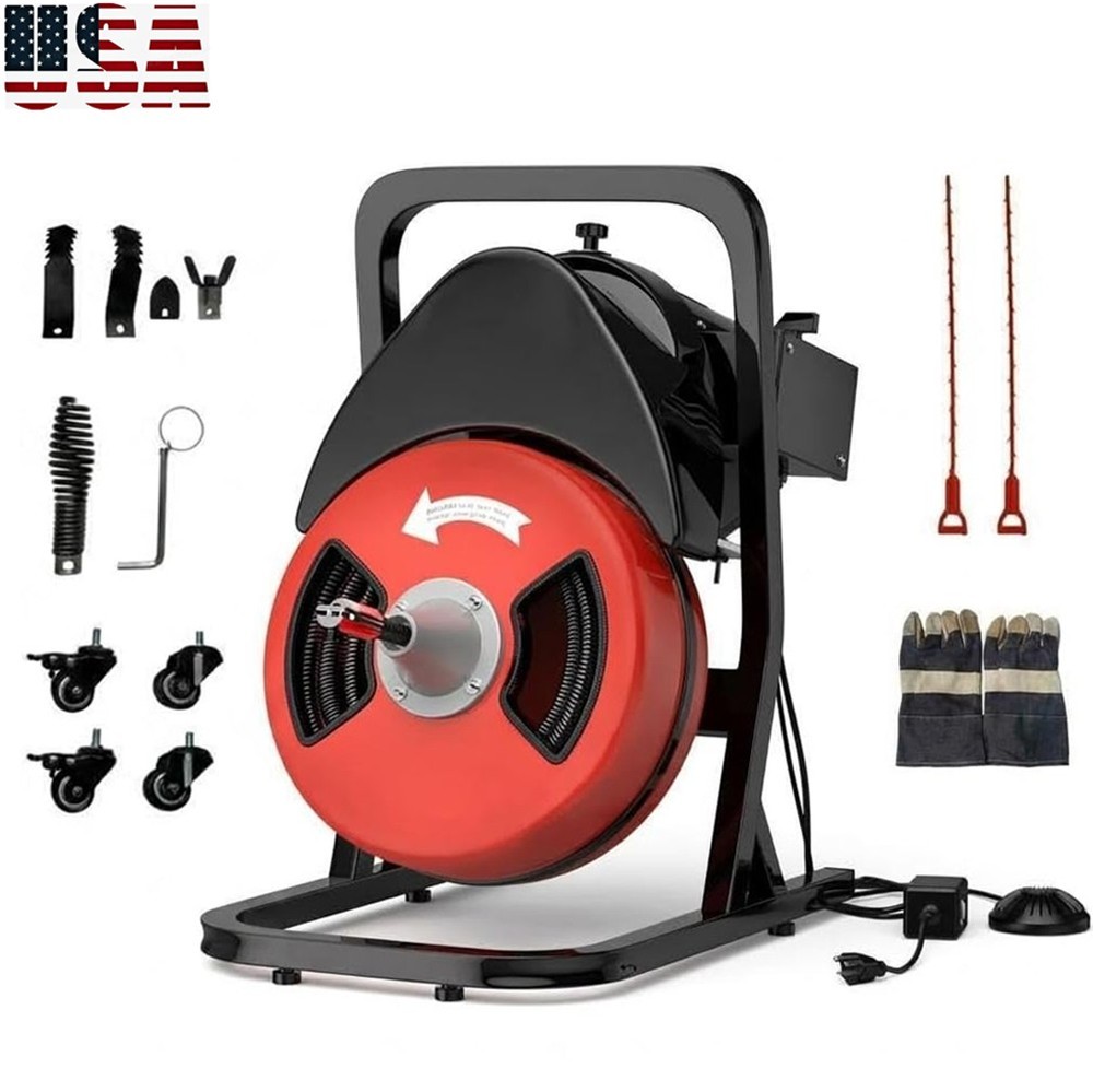 50FTx1/2&Prime; Heavy Duty Drain Cleaner Machine Auto Feed Sewer Snake Auger W/Cutter