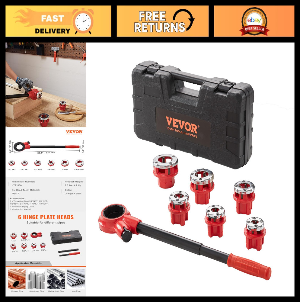 Portable Ratchet Pipe Threader Kit with 6 Dies, 1/4&Prime; to 1-1/4&Prime; NPT, Plumbing Too